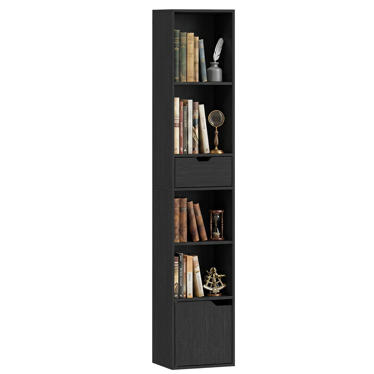 6-Fach Bücherregal mit Schublade und verstellbarem Fach, freistehender Aufbewahrungsschrank, 30 x 24 x 158 cm, Schwarz