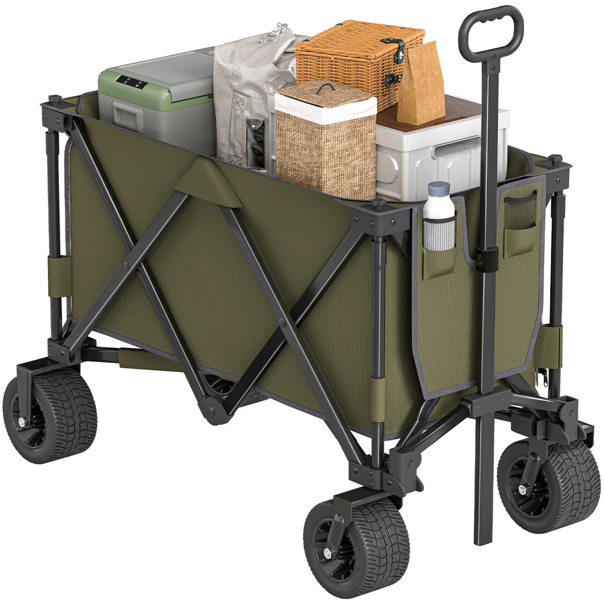 Bollerwagen, klappbar, 7 Seitentaschen, verstellbarer Griff, bis 120 kg, Stahl, gr¨¹n, 100 x 48 x 100,5 cm