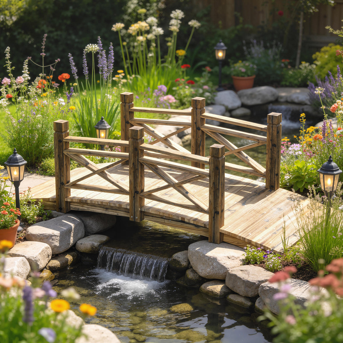 Holzbrücke mit Geländer Gartenbrücke aus Tannenholz Teichbrücke mit Antik-Optik, begehbar 174 x 78 x 57,5 cm Verkohlt