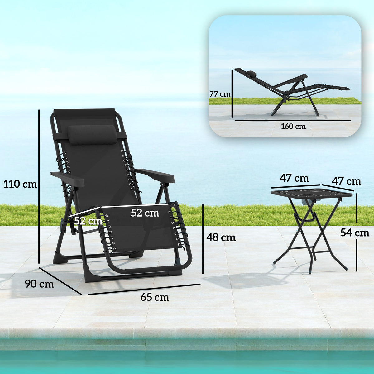 Gartenliege Set 3-TLG. Sonnenliege mit Teetisch 2 Liegest¨¹hle Kissen, Outdoor Liege 90x56x110 cm Schwarz