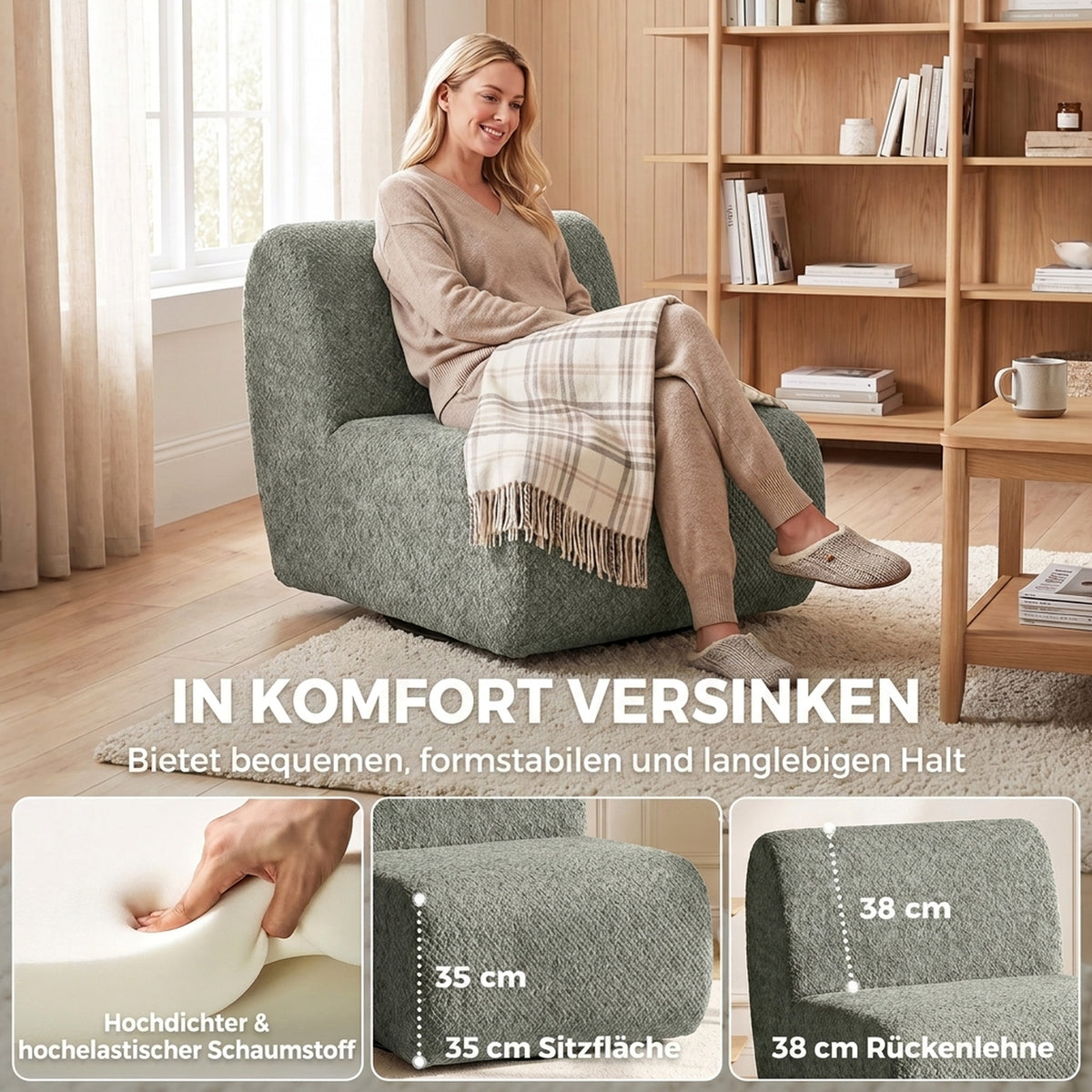 Sessel Drehbarer Loungesessel mit Chenille-Optik, Breiter Sitzfläche