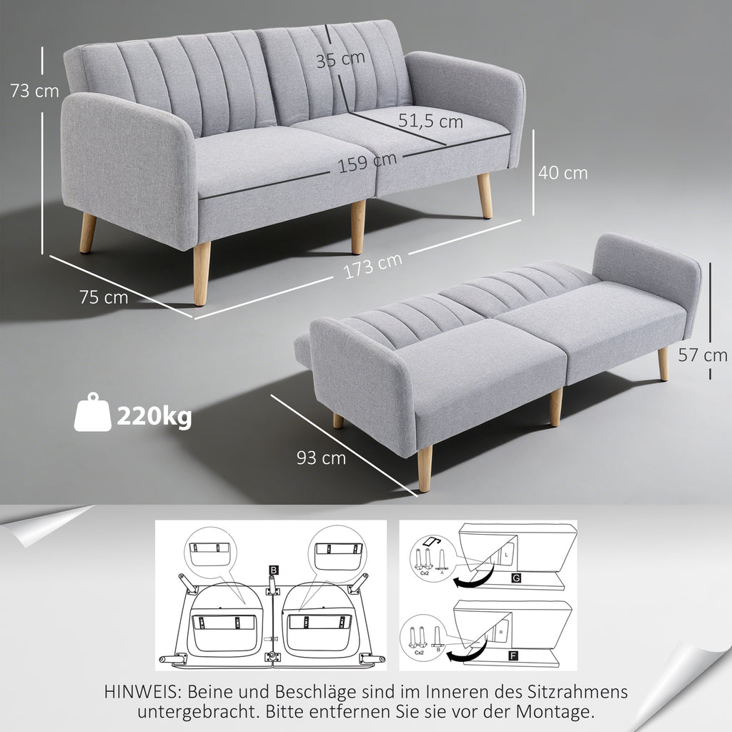 Schlafsofa, 2-Sitzer Stoffsofa, Sofa mit Schlaffunktion, leinenartiges?Polyester, Kautschukholz, 173 x 75 x 73 cm, Grau