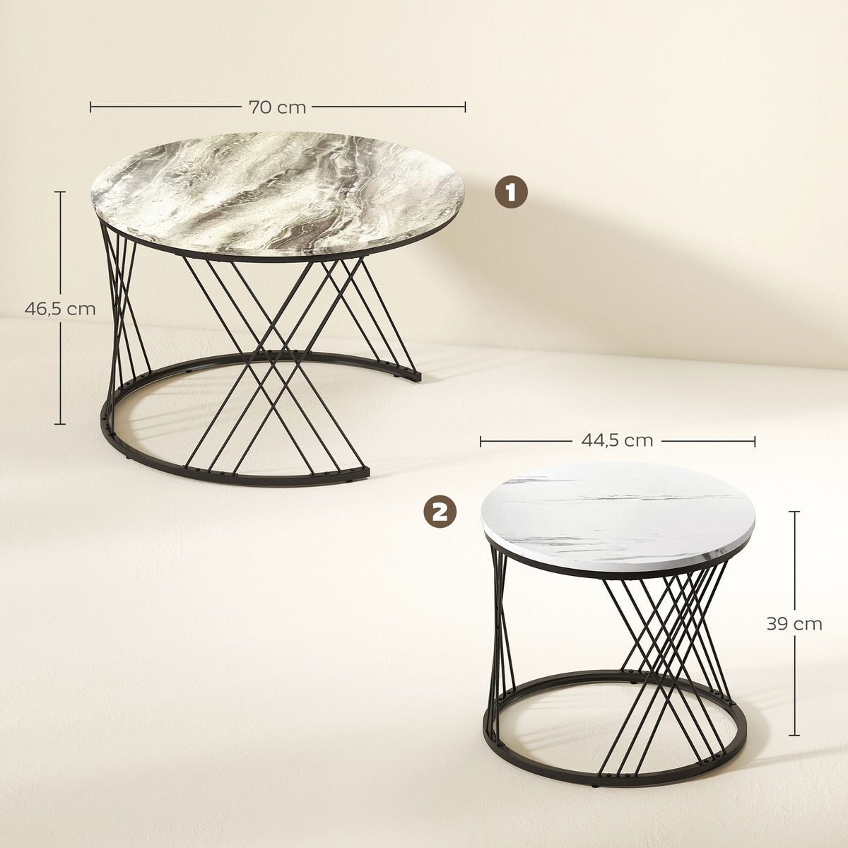 Couchtische im 2er-Set, Marmoroptik, Spanplatte, Metall, runde Kaffeetische für Wohnzimmer, ineinanderstellbar Grau+Weiß