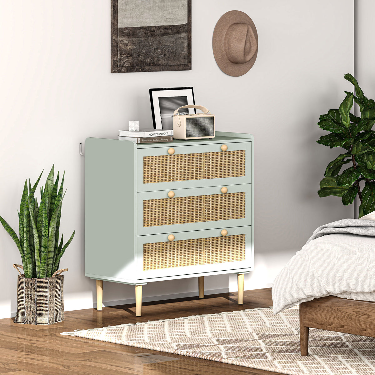 Schlafzimmer-Kommode mit 3 Schubladen, Rattan-Fronten, Kleiderkommode f¨¹r Flur, Eingangsbereich, MDF, Gr¨¹n