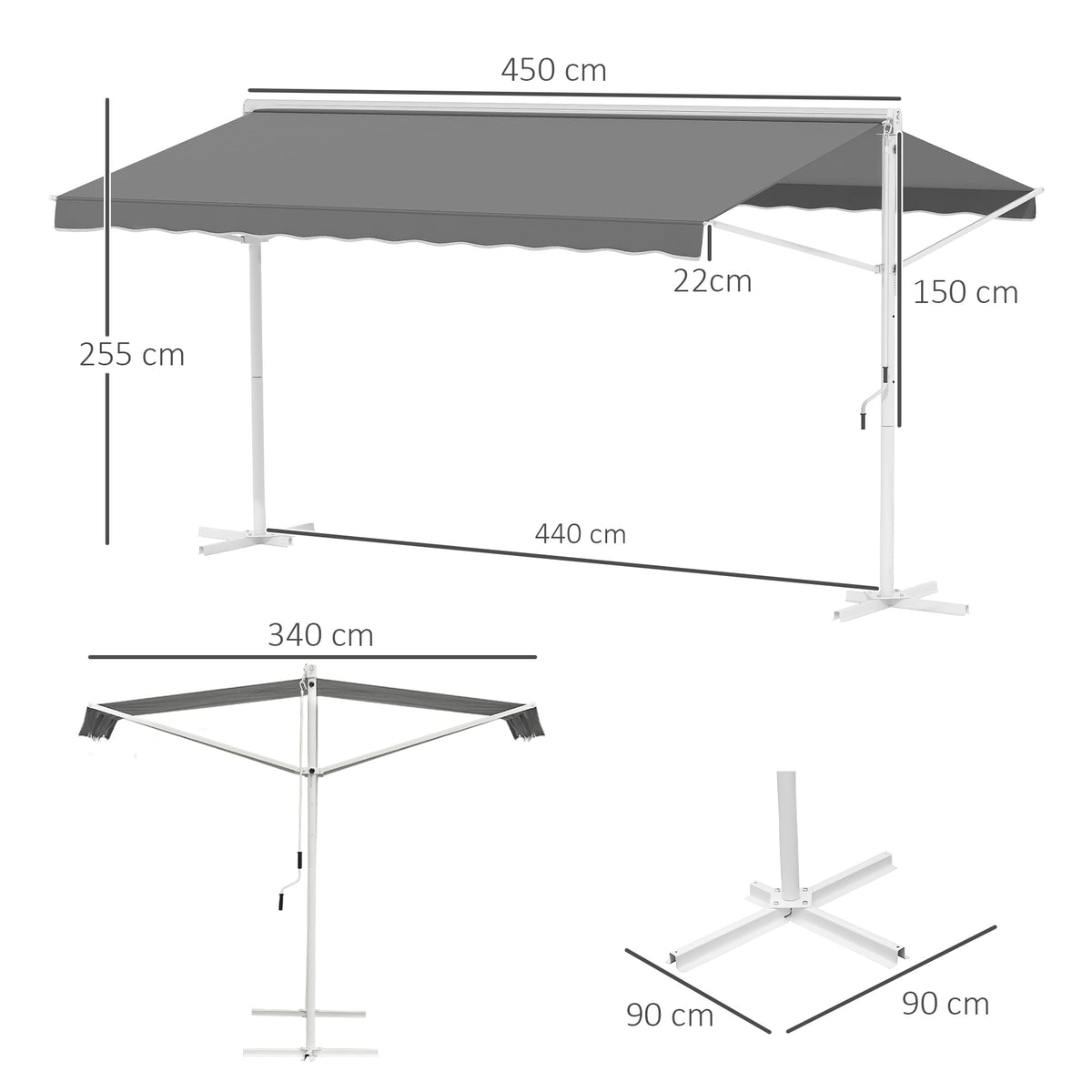 Standmarkise Markise 4,5 x 3,4m Terrassenüberdachung Gartenmarkise mit Faltarm Kurbel Terrasse Grau Alu Metall
