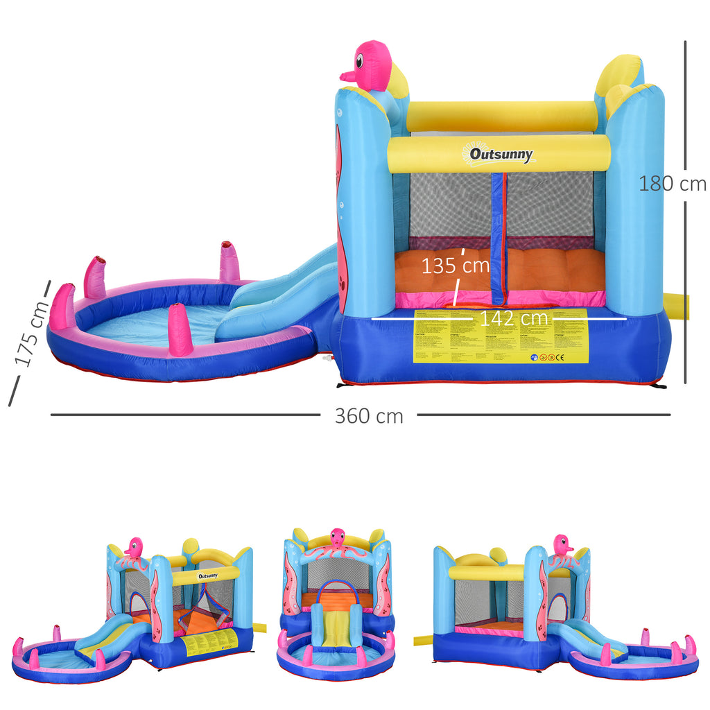 Selbstaufblasende Hüpfburg inkl. Gebläse, Flicken, 1 Trampolin, 1 Wasserbecken, 1 Rutsche, 360 x 175 x 180 cm
