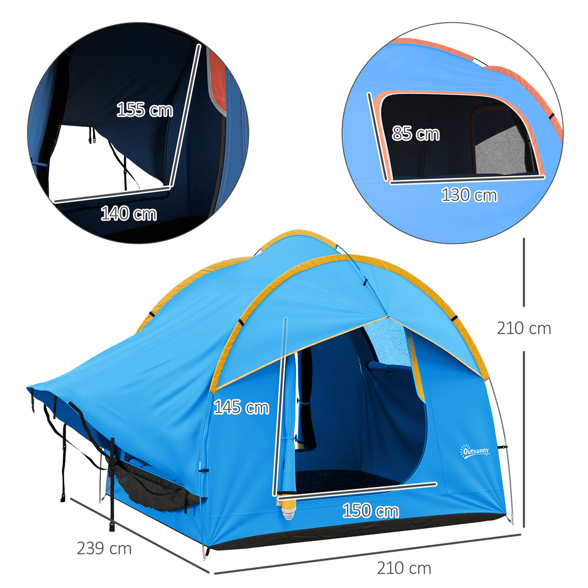 Autozelt Campingzelt, 3 Türen, wetterbeständig, 239cm x 210cm x 210cm, Orange + Blau