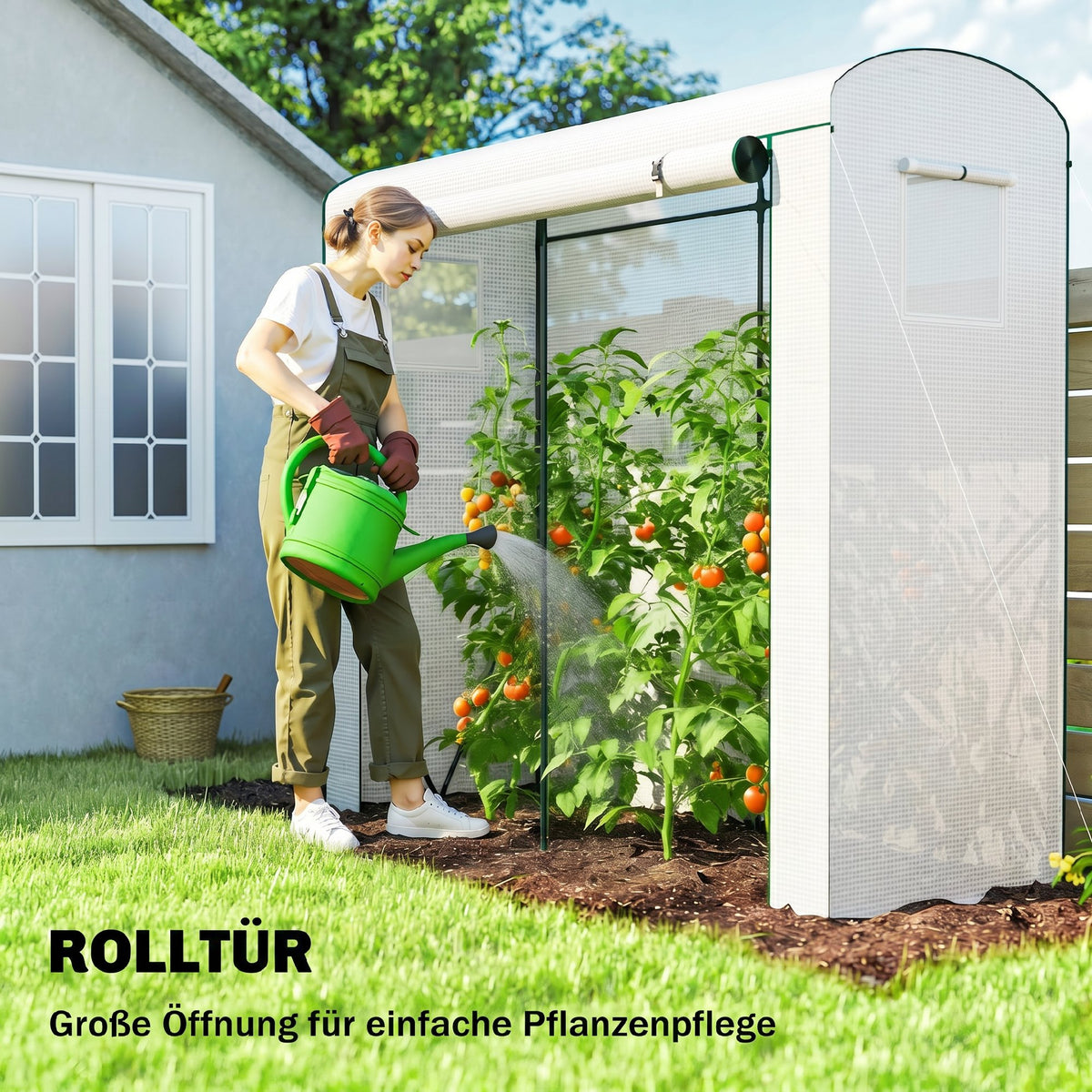 Mini Greenhouse, Garden Tomato Growhouse with Roll-Up Door and 2 Mesh Windows, PE Cover, 200 x 75 x 188 cm, White