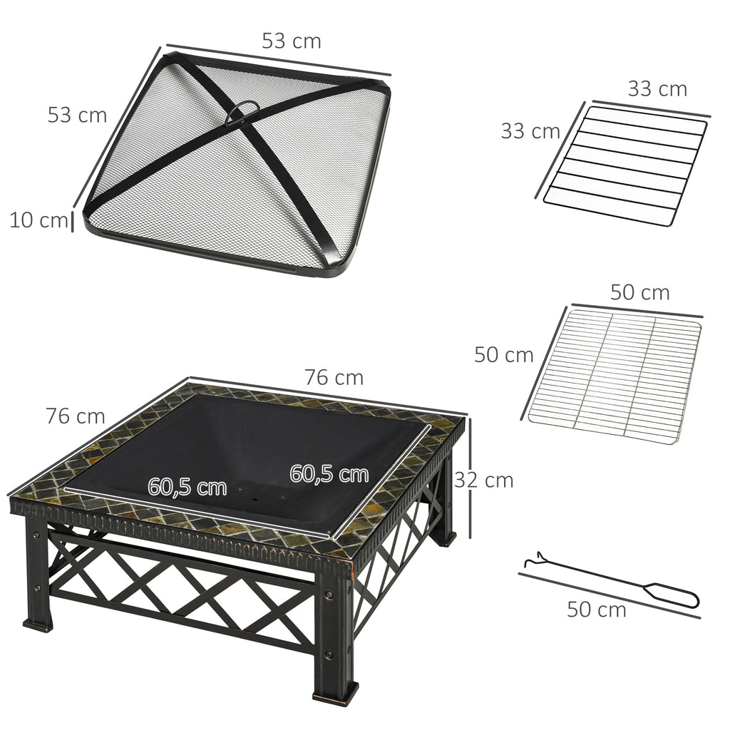 Large Outdoor Fire Pit Table, 3 in 1 Square Wood Burning Firepit Metal Brazier, BBQ Grill, Ice Bucket w/ Grill Grate, Log Grate, Lid, Poker for Garden, Camping, Bonfire, 76 x 76 x 47cm, Black