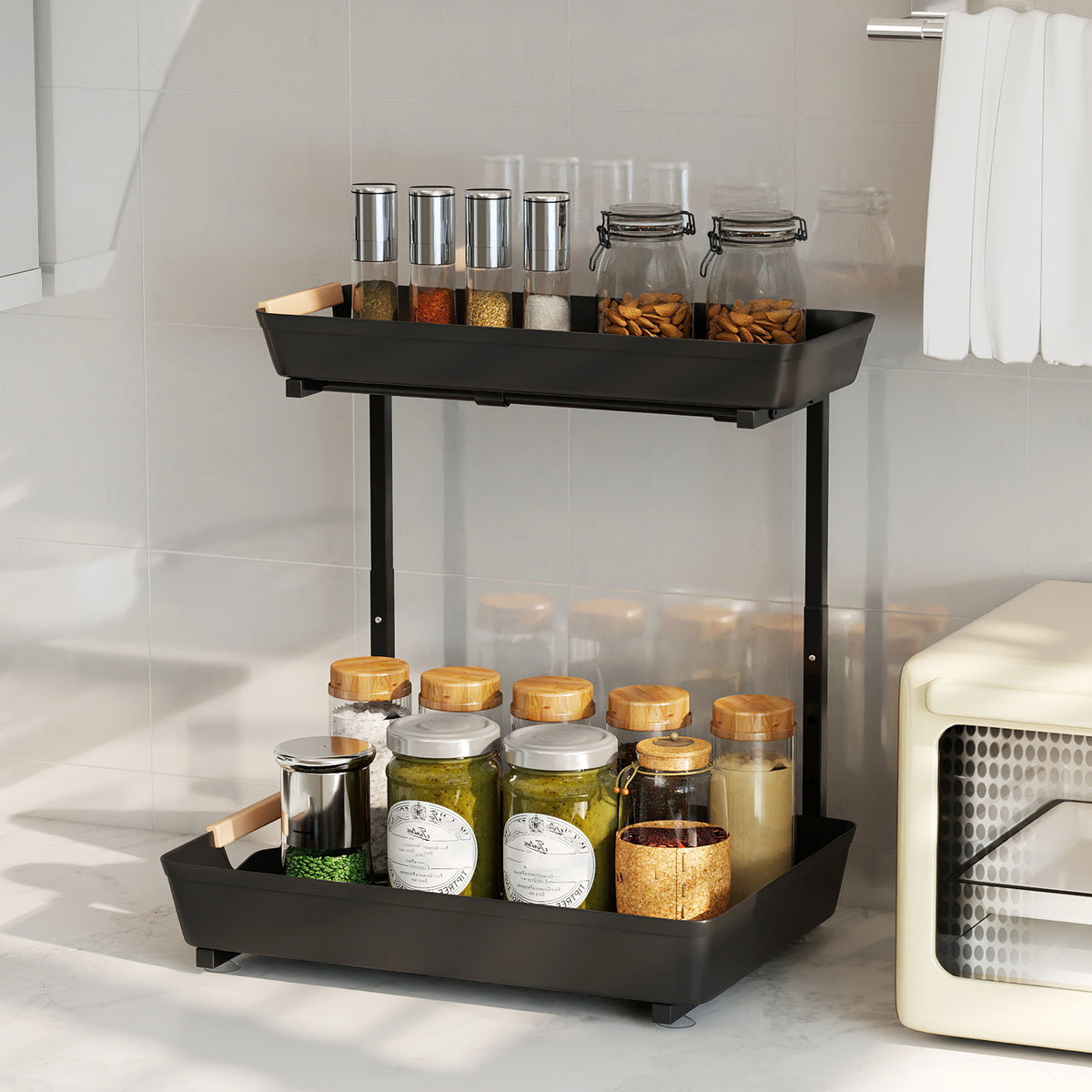 Küchenregal, Höhenverstellbar Standregal mit 2 Körbe, Kaffeebar 40 x 30 x 33,5-42 cm