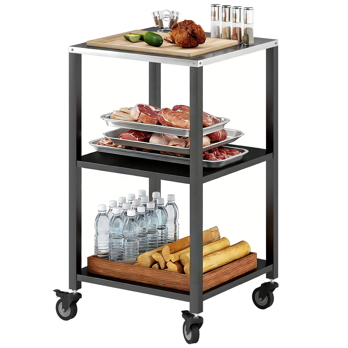 Grillwagen 3-Etagen Grilltisch mit Edelstahl Arbeitsfläche Rollen mobiler Servierwagen 50 x 50 x 90 cm Schwarz