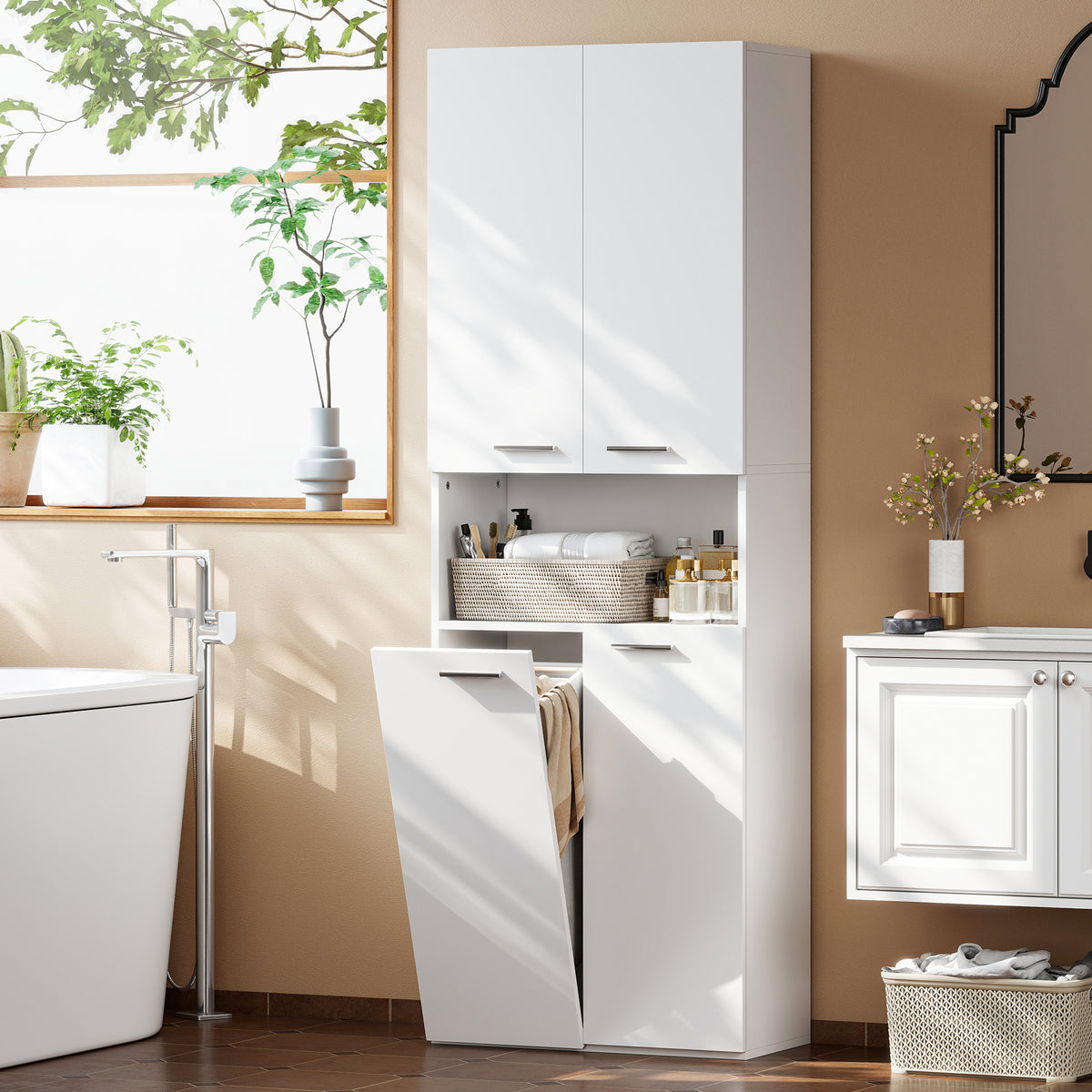 174 cm hoher Badezimmerschrank mit ausklappbarem Wäschekorb und Soft-Close-Türen, Weiß