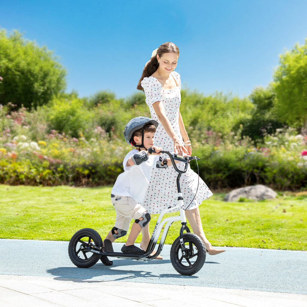 Kinderroller mit verstellbarem Lenker, große Räder, Parkständer, Handbremse, für Kinder im Alter von 5-12 Jahren, Weiß