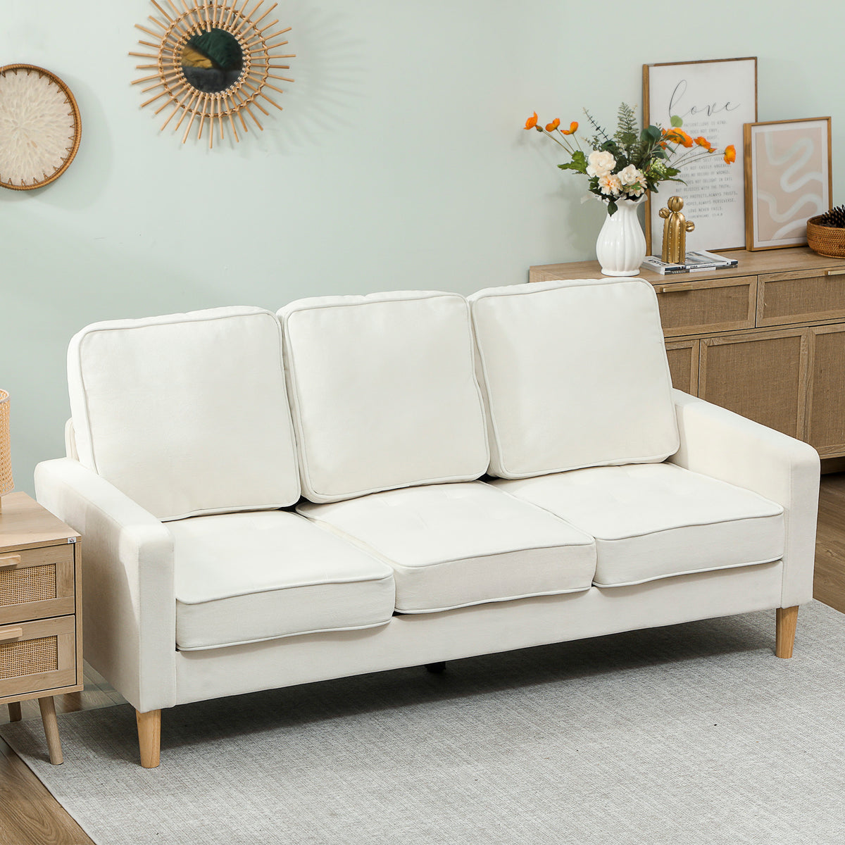 3-Sitzer-Sofa mit dicken Kissen, Kautschukholz, Stoffbezug, Polstersofa f¨¹r Wohnzimmer, B¨¹ro, Schlafzimmer, Cremewei?