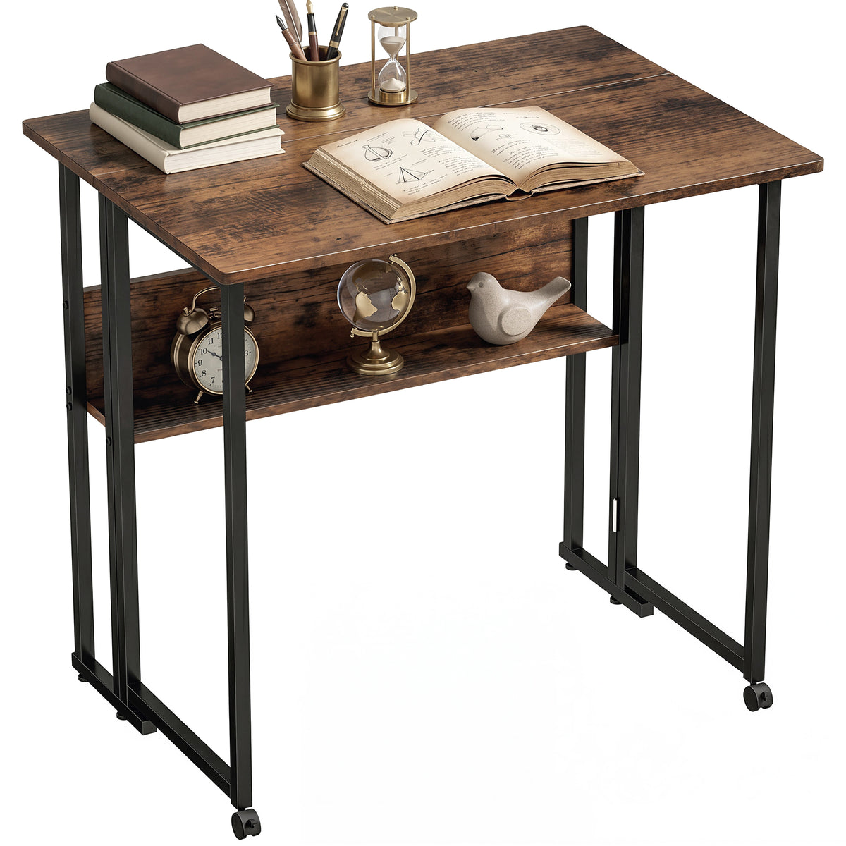Klappbarer Schreibtisch mit Ablagefach, 80 cm Klapptisch für kleine Räume, Büro, Rustikales Braun