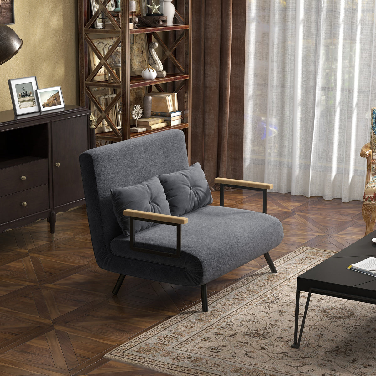 Schlafsofa 2er-Sofa Samtsofa, Schlaffunktion, inkl. 2 Kissen, Samtoptik, Natur + Dunkelgrau + Schwarz