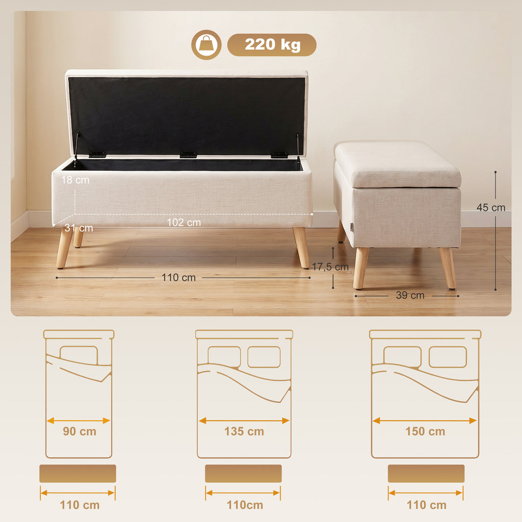 Sitzbank mit Stauraum, bis 220 kg, Leinenoptik, 110x39x45cm, Beige