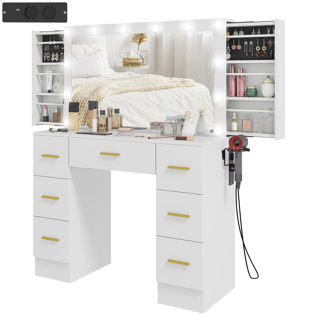 Schminktisch mit Spiegel und 12 LED-Lichtern, Frisiertisch mit 7 Schubladen, 6 versteckte Staufächer, Spanplatte, Weiß