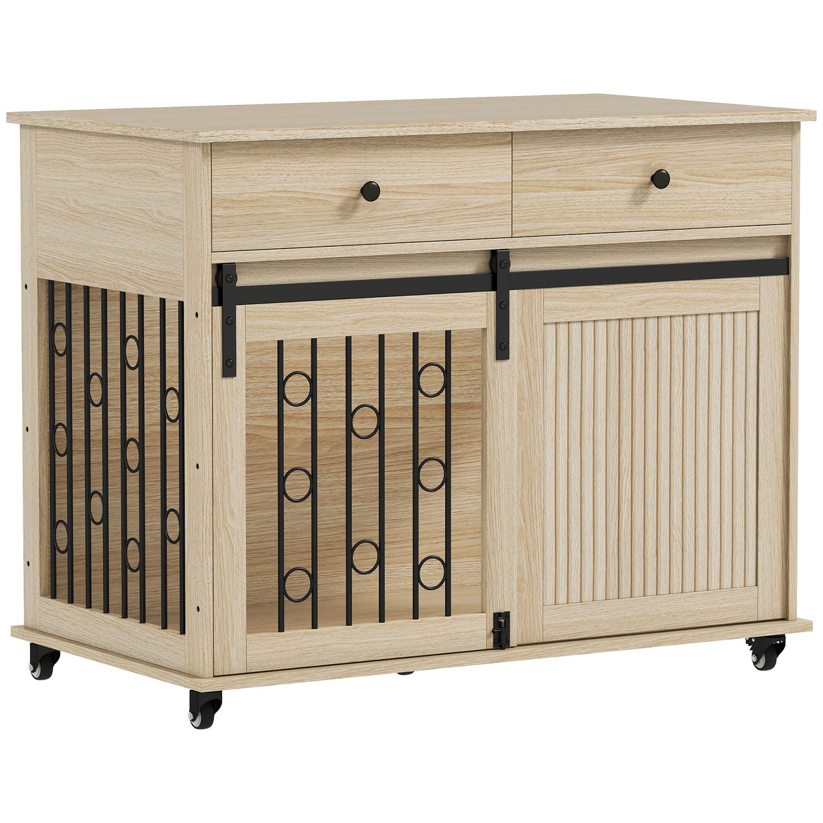 Hundebox auf Rädern, 2 Türen, 2 Schubladen, für mittlere und große Hunde, Holz, Stahl