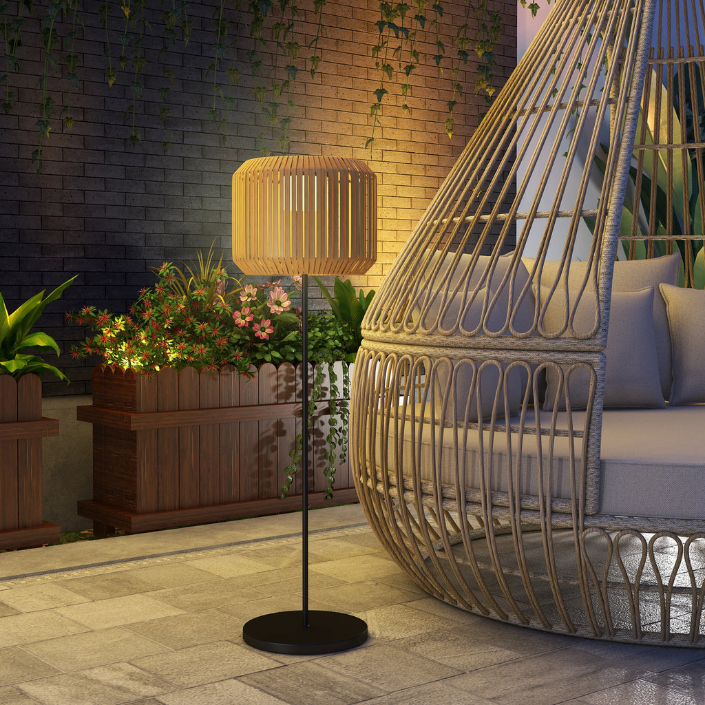 Rattan Außenleuchte, Solar Gartenlampe, Einschaltautomatik, LED, wetterfest, Metallrahmen, Ø34 x 130cm, Schwarz/Gelb