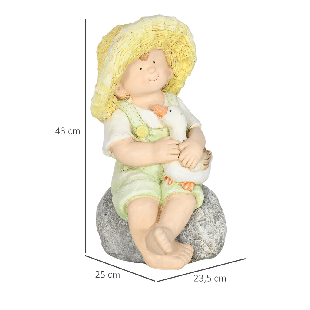 Gartenfigur "Kleiner Junge mit Strohhut", Gartendekoration, wetterbeständig, 23,5 cm x 25 cm x 43 cm