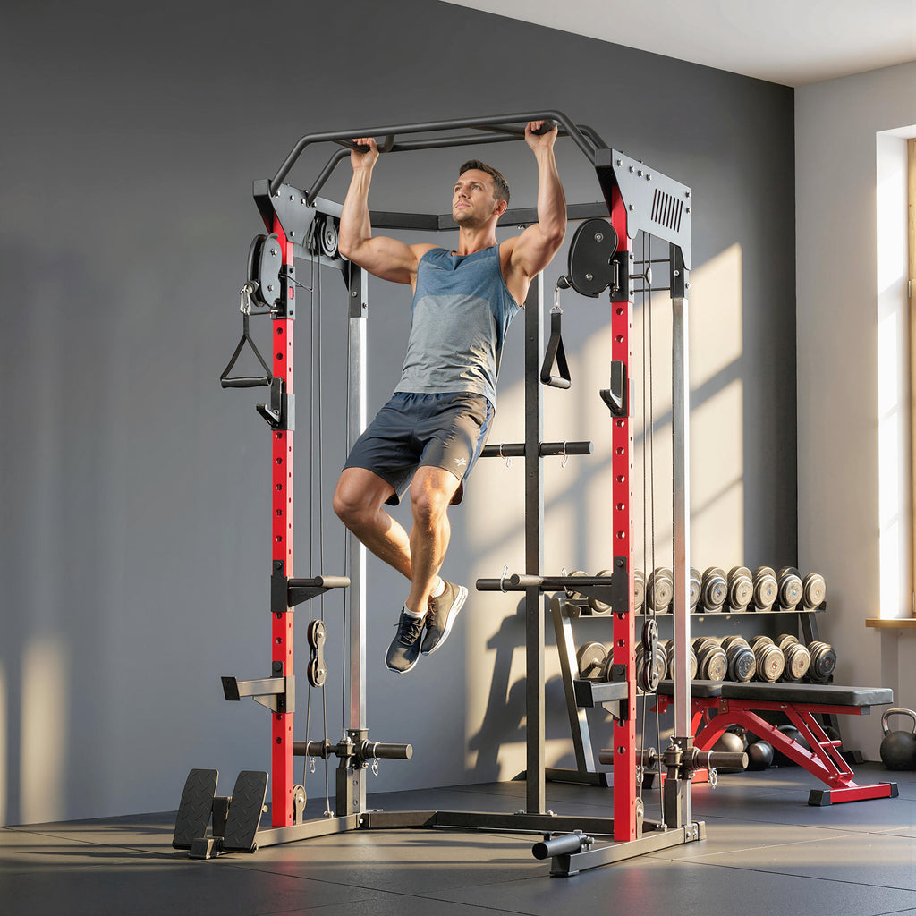 Power Cage, Power Rack with Adjustable Cable Pulley System, Pull-Up Bar, Dip Station, Landmine