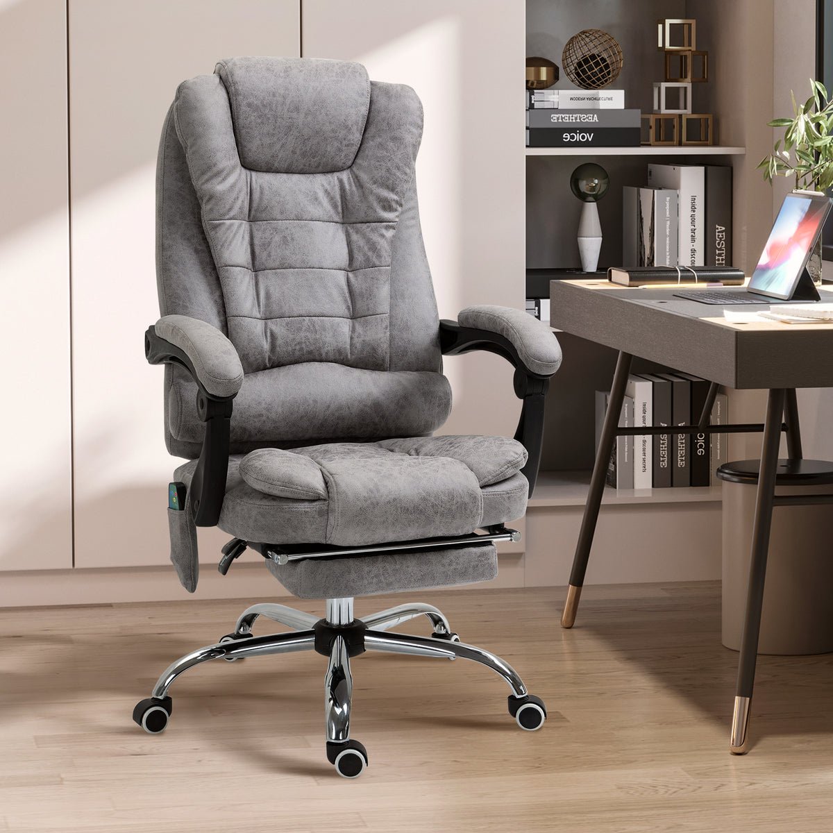 Bürostuhl mit Massagefunktion, Ergonomischer Schreibtischstuhl mit Liege- & Wärmefunktion, Fernbedienung, Grau