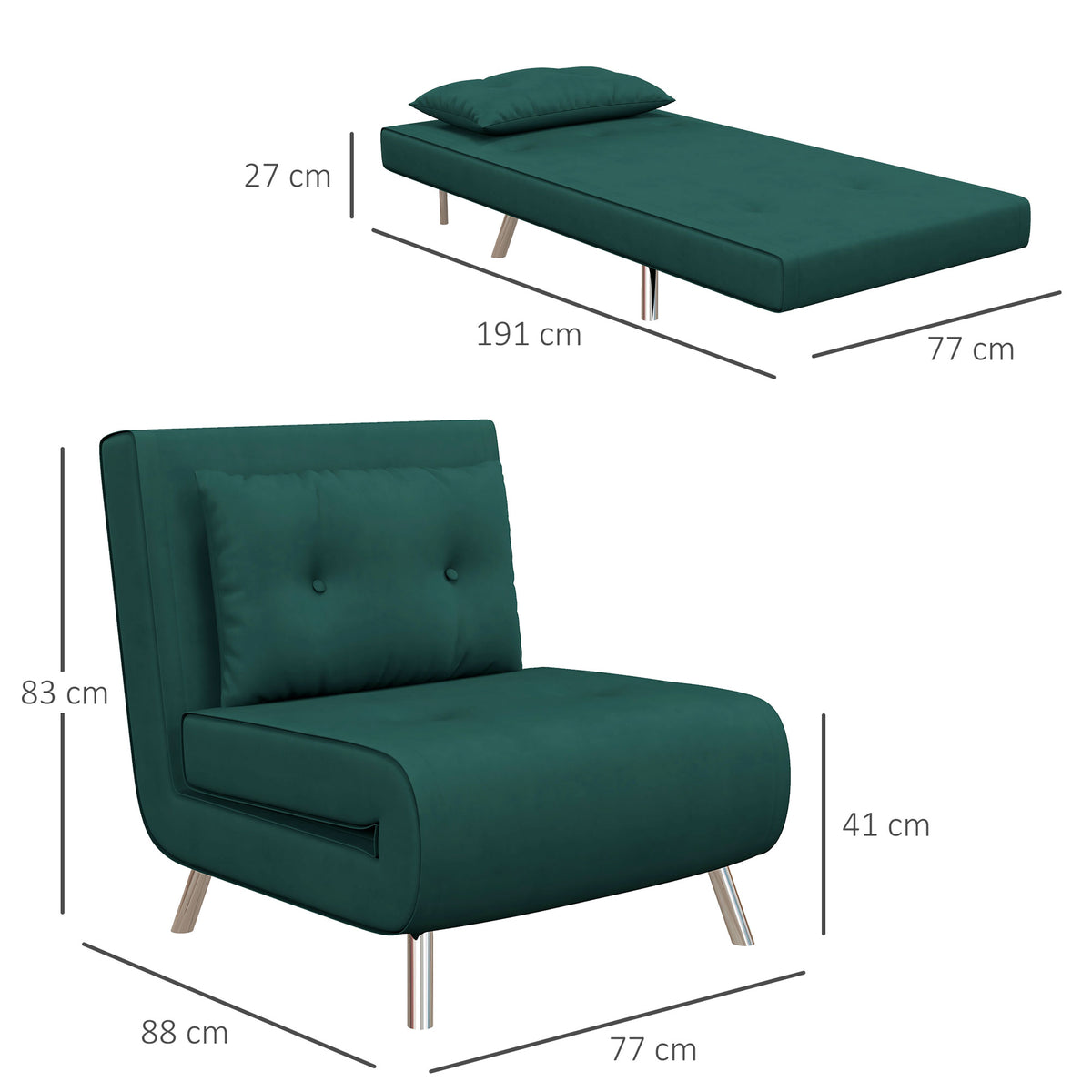 Liegesessel Sessel mit Liegefunktion Schlafsessel, Knopfheftung, Leinenoptik, 77 cm x 88 cm x 83 cm, Gr¨¹n