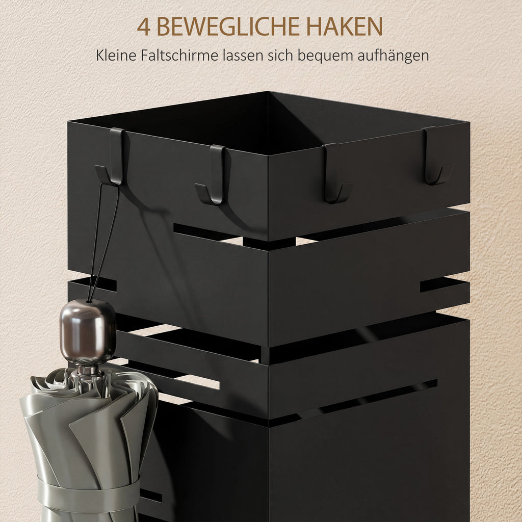Regenschirmständer aus Metall Schirmständer mit Abnehmbarer Wasserauffangschale und 4 Haken 15,5 x 15,5 x 49 cm, Schwarz
