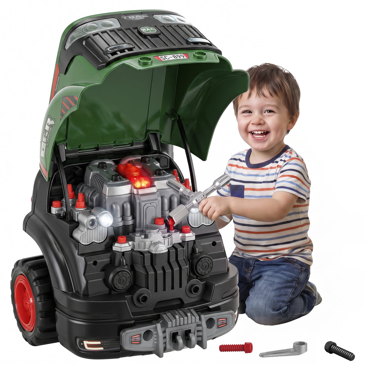 Kids Truck Engine Toy, Toy Steering Wheel with Spray, Lights and Sounds, Educational Gifts for 3-6 Years, Green