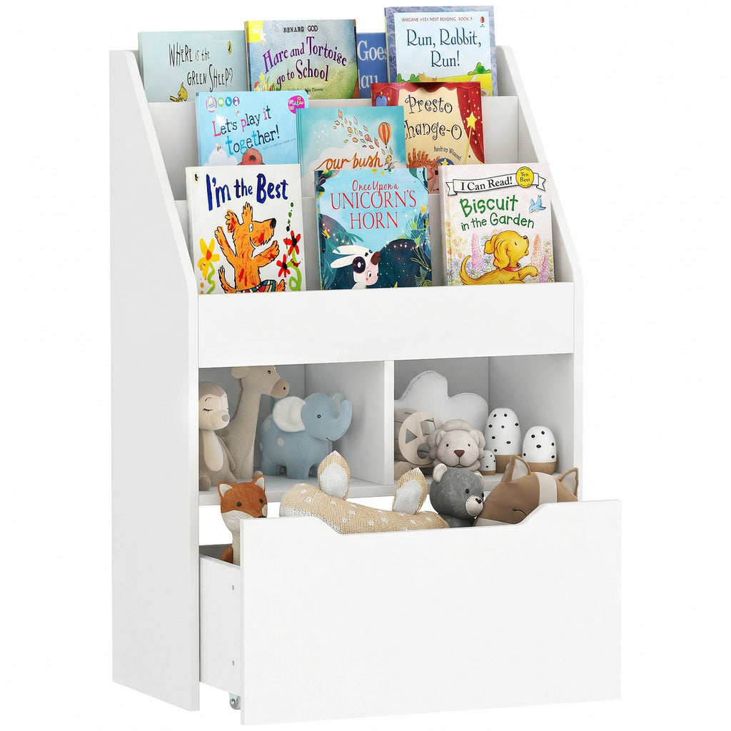 Kinderregal mit Schublade, Bücherregal mit Fächern, 60 x 29,9 x 90 cm, Weiß