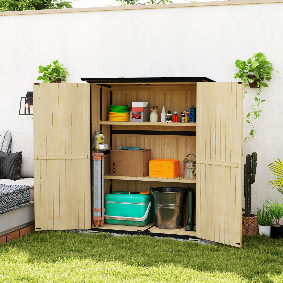 Gartenschrank aus Holz und Stahl, Outdoor-Werkzeugschrank mit Asphalt-Dach, 2 Regale, verschließbare Türen, Naturholz