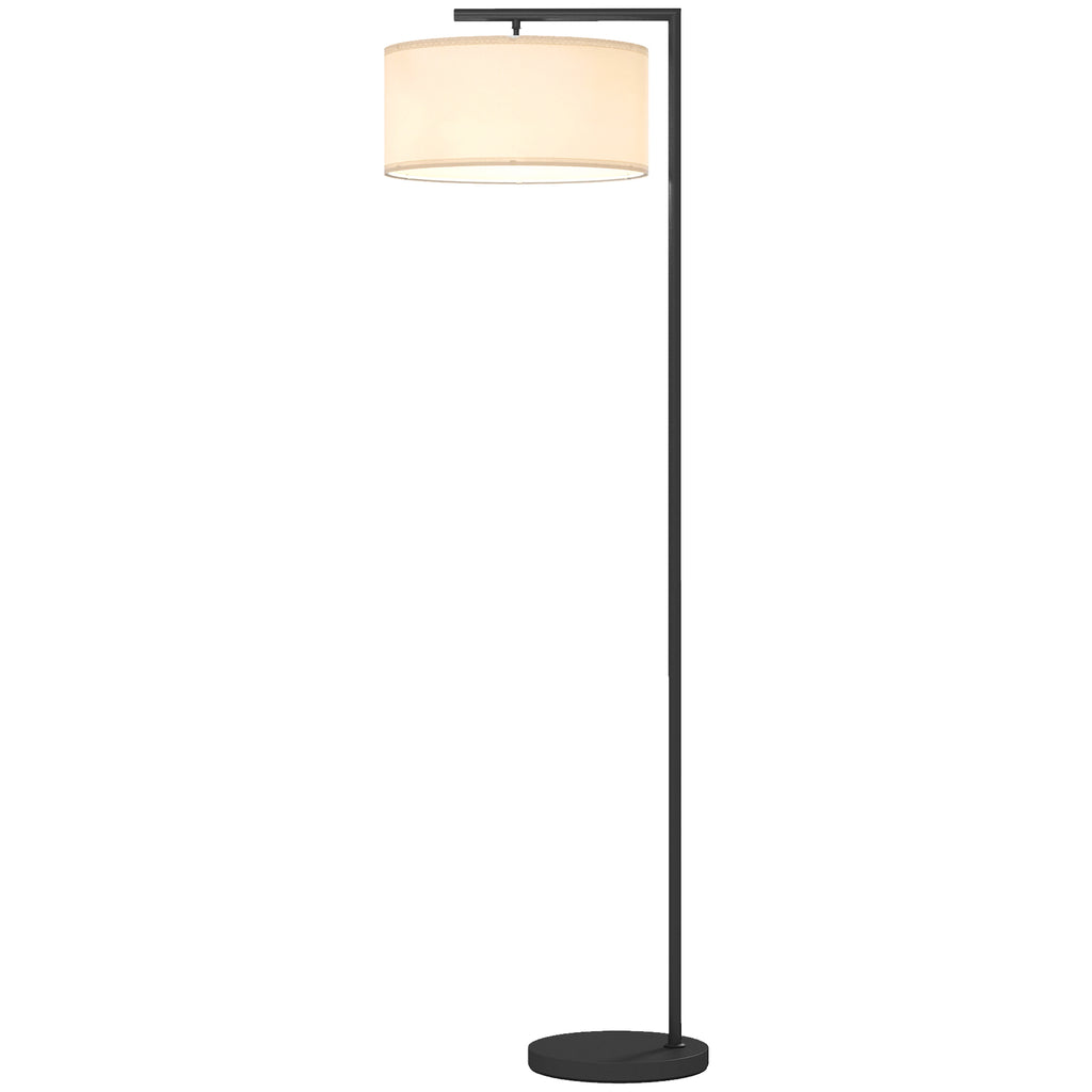 Stehleuchte, Stehlampe, E27 Sockel, Schwarz, weißer Stoffschirm, Fußschalter, Eisen, 47 x 37 x 153 cm