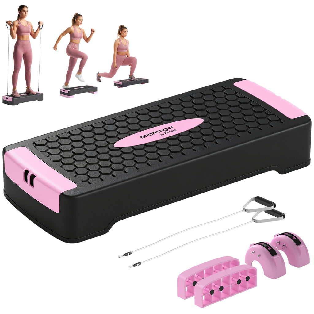 Steppbrett höhenverstellbar Fitness Aerobic Stepper mit 2 Stufen (11/16 cm) 2 Widerstandsbändern, Anti-Rutsch-Matte Rosa