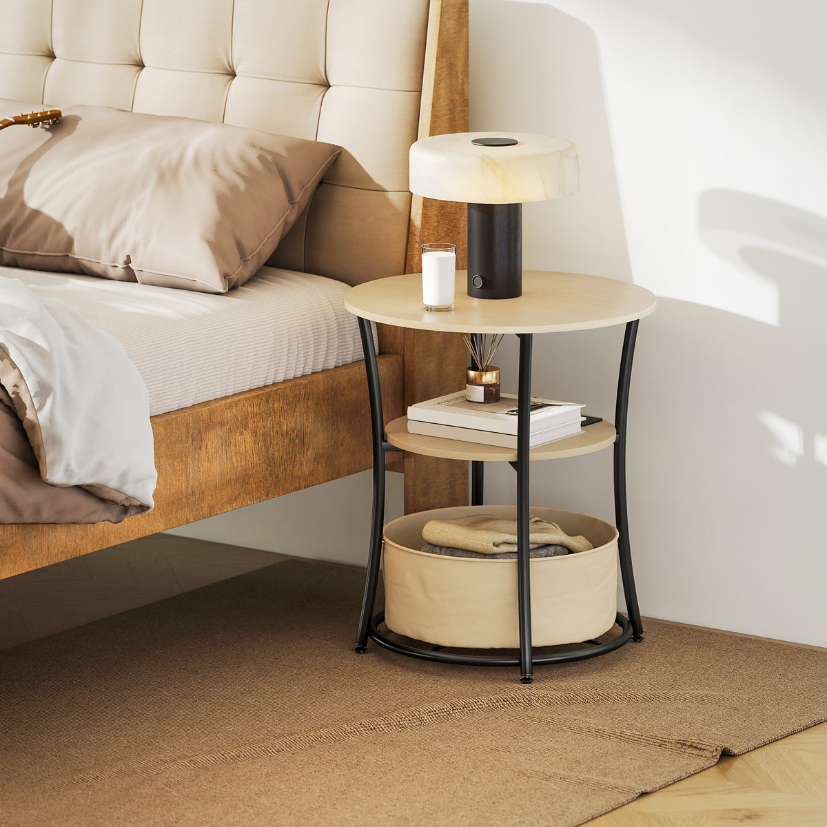 Beistelltisch 3-stufiger Couchtisch mit Ladestation, Stoff-Aufbewahrungstasche, Ablage, 50x50x55,1 cm Naturholz