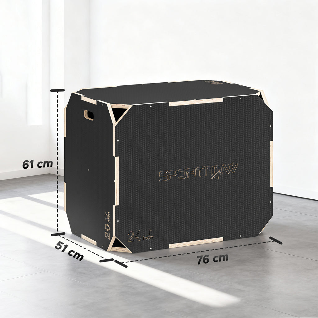 3-in-1 Plyo-Box, Sprungbox mit Griff-?ffnungen, f¨¹r Home-Fitness und Outdoor-Workouts, 3 Sprungh?hen, Holz, Schwarz