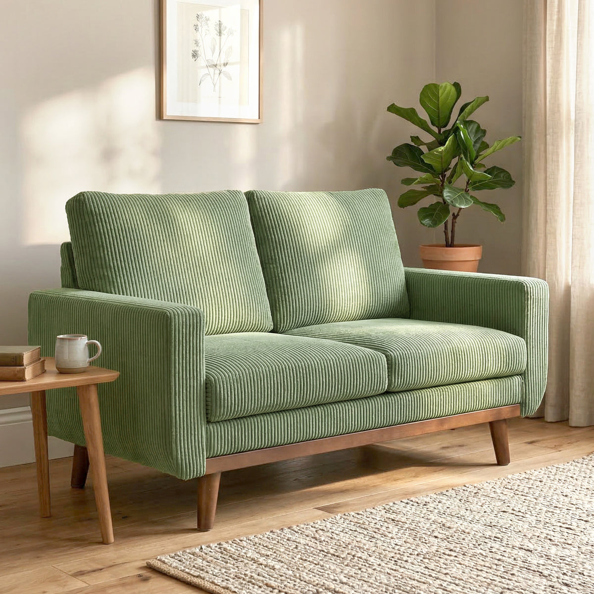 2-Sitzer-Sofa, 134 cm Cord-Sofa mit Taschenfedern, dicker Rückenlehne, Holzlatten-Akzent, Grün