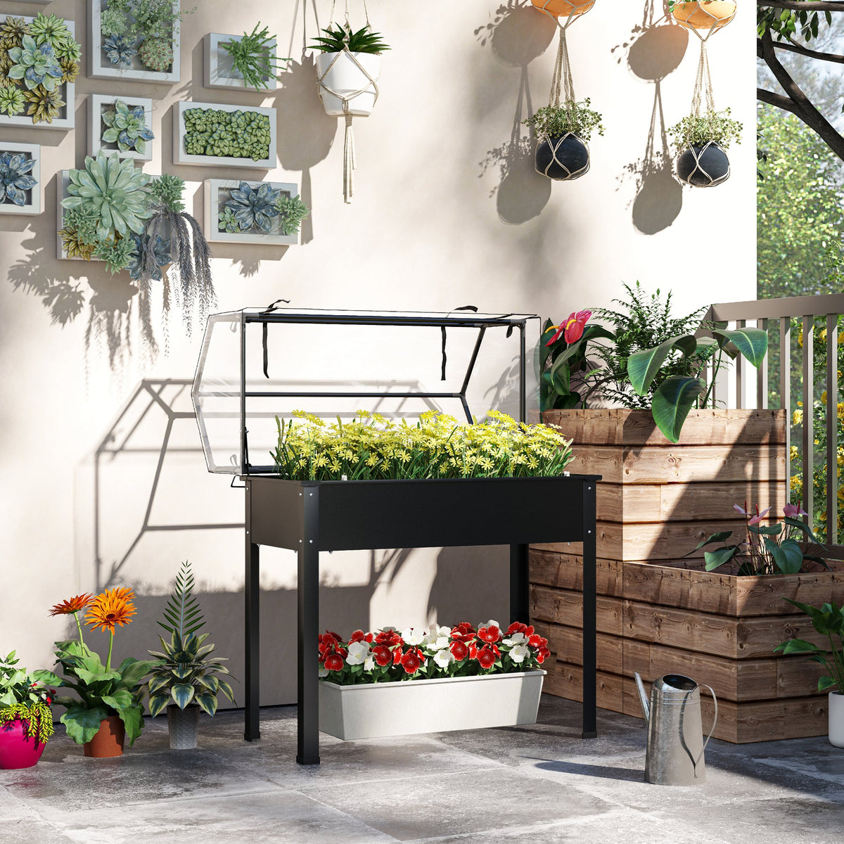 Hochbeet mit Gew?chshaus-Dach, Erh?hte Pflanzenbox mit Ablaufl?chern, 100 x 48 x 124 cm, Schwarz