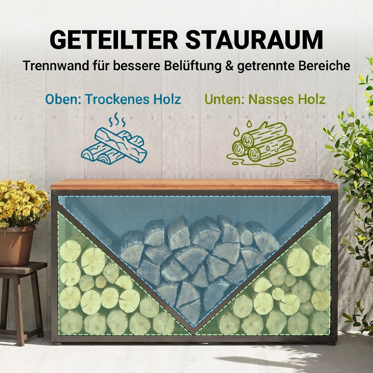 2-in-1 Kaminholzregal für innen 98 x 28 x 50 cm erhöhtes Brennholzregal mit Ablage Trennwand Beistelltisch