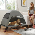 Hundeliege Outdoor mit Dach, Erh?htes Hundebett f¨¹r Gro?e Hunde, 106 x 76 x 99 cm, Hellgrau