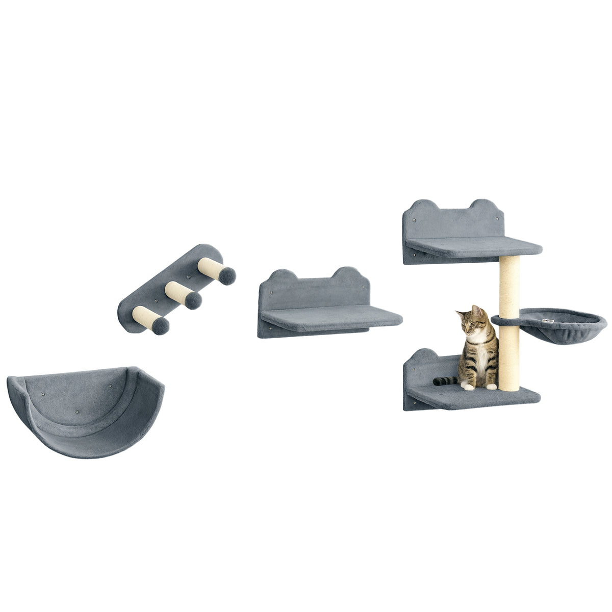 4PCs Wall-Mounted Cat Shelves w/ Scratching Post, Hammock, Nest - Grey