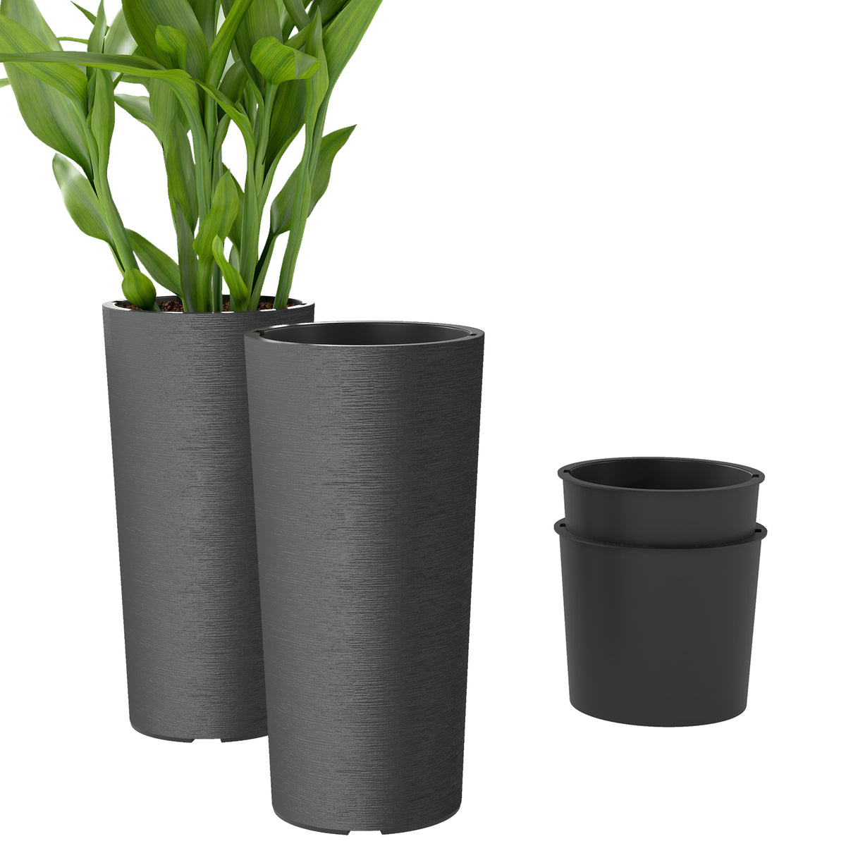 2er Set Blumentopf stapelbar Pflanzkübel mit Löcher 35x35 cm Pflanztöpfe Rund Dunkelgrau
