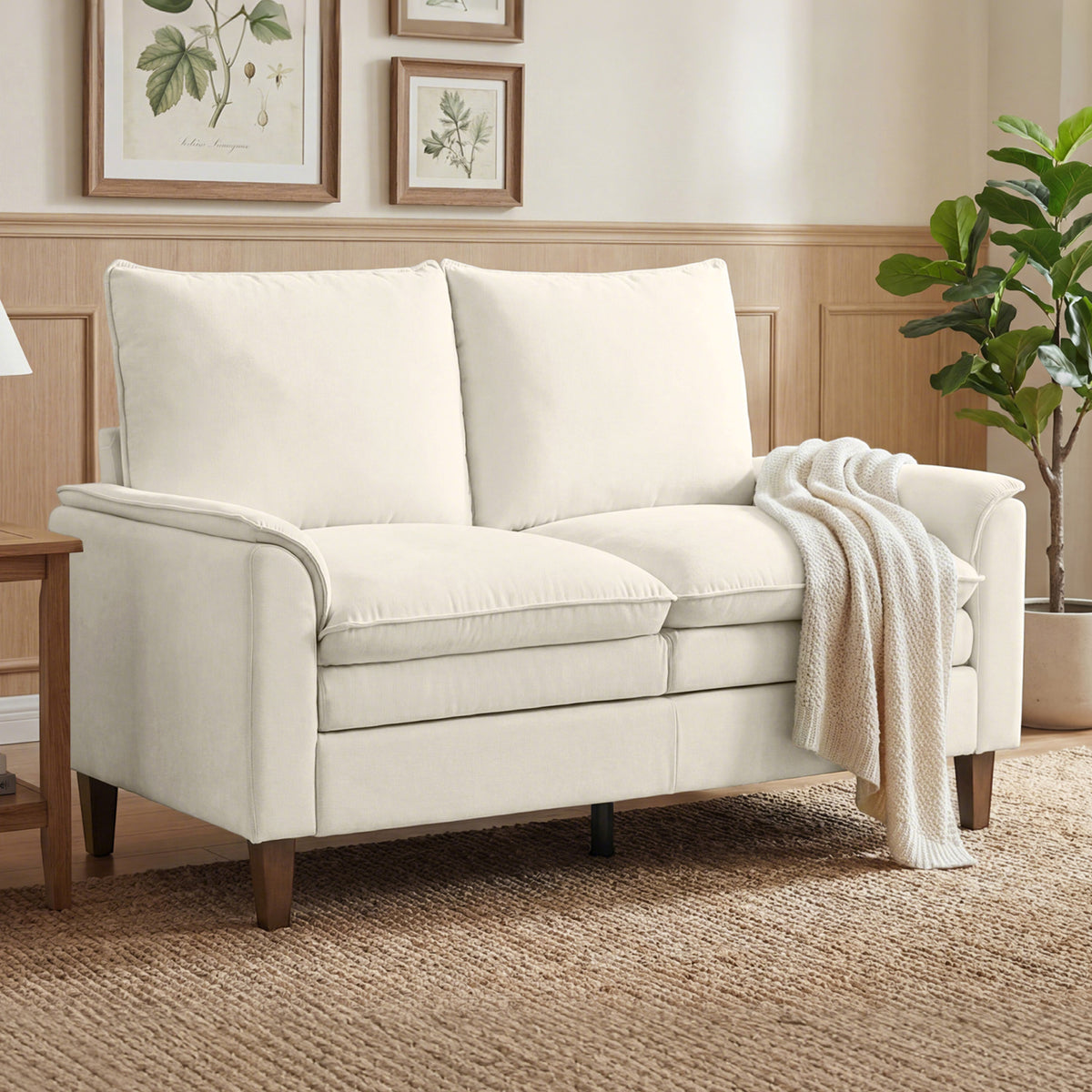 146 cm Zweisitzer Sofa, Chenille-Sofa mit doppellagiger Polsterung, Federkissen, tiefem Sitz, hoher Rückenlehne, Creme