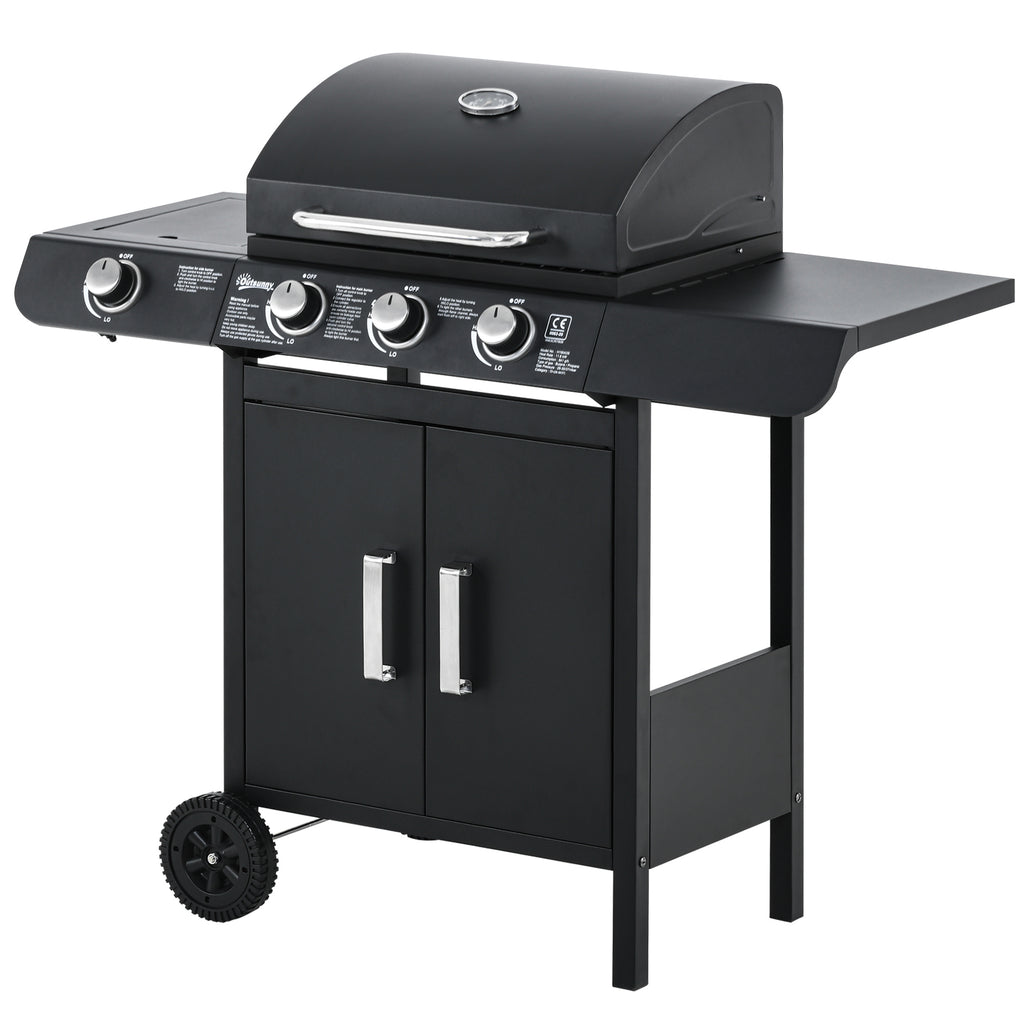 Gasgrill mit 3 Hauptbrennern + 1 Seitenbrenner, Ablage, rostfreier Stahl, schwarz, 110 x 50 x 100 cm