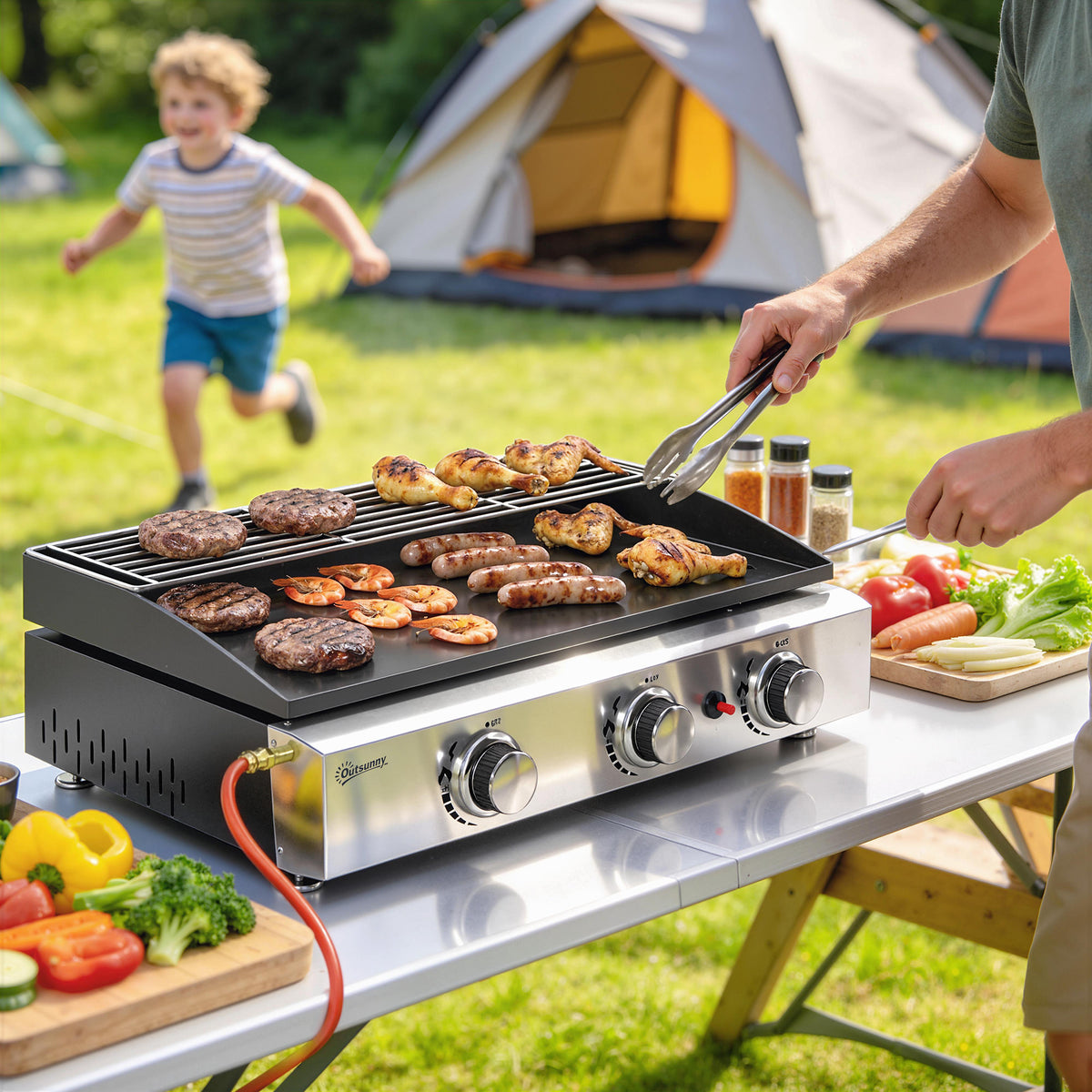 Gasgrill 7,5 KW Tragbarer Tischgrill mit 3 Brenner Keramische Lackbeschichtung Grillrost Warmhalterost