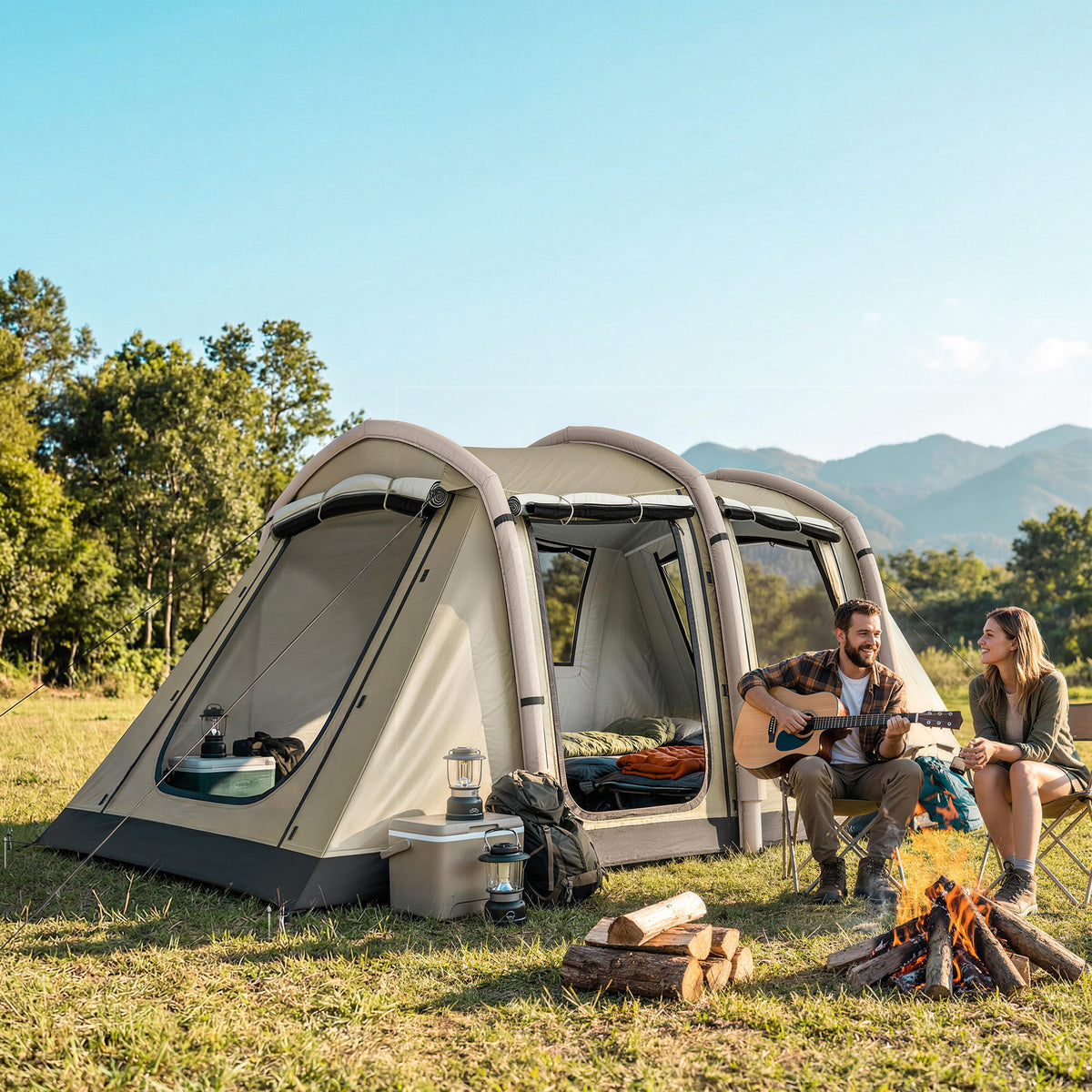 Aufblasbares Zelt 2-4 Personen Schneller Aufbau Outdoor Zelt für Camping mit Luftpumpe Mesh Fenster Heringen Vordach