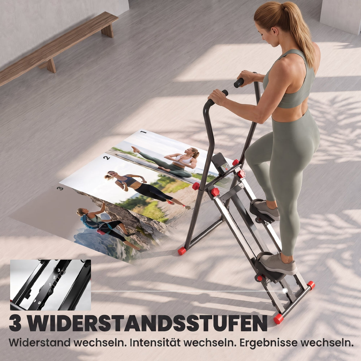 Stair Stepper for Home Gym with 3 Resistances, Foldable Vertical Stair Climber with Adjustable Handlebar, LCD Monitor