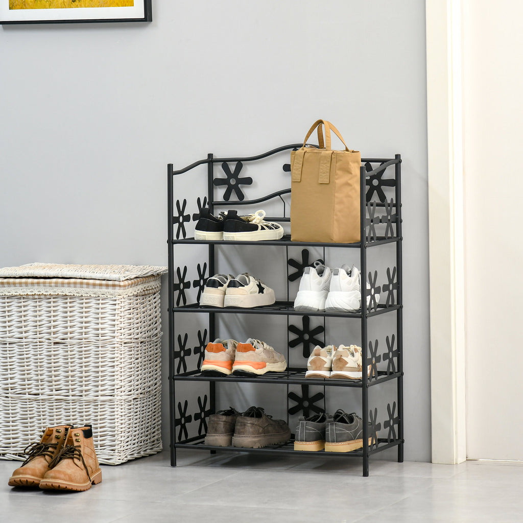 Schuhregal, Pflanzenregal, Blumenregal, Standregal, St?nder, 4 Ebenen, Metall, 59,5 x 30 x 92 cm, Schwarz