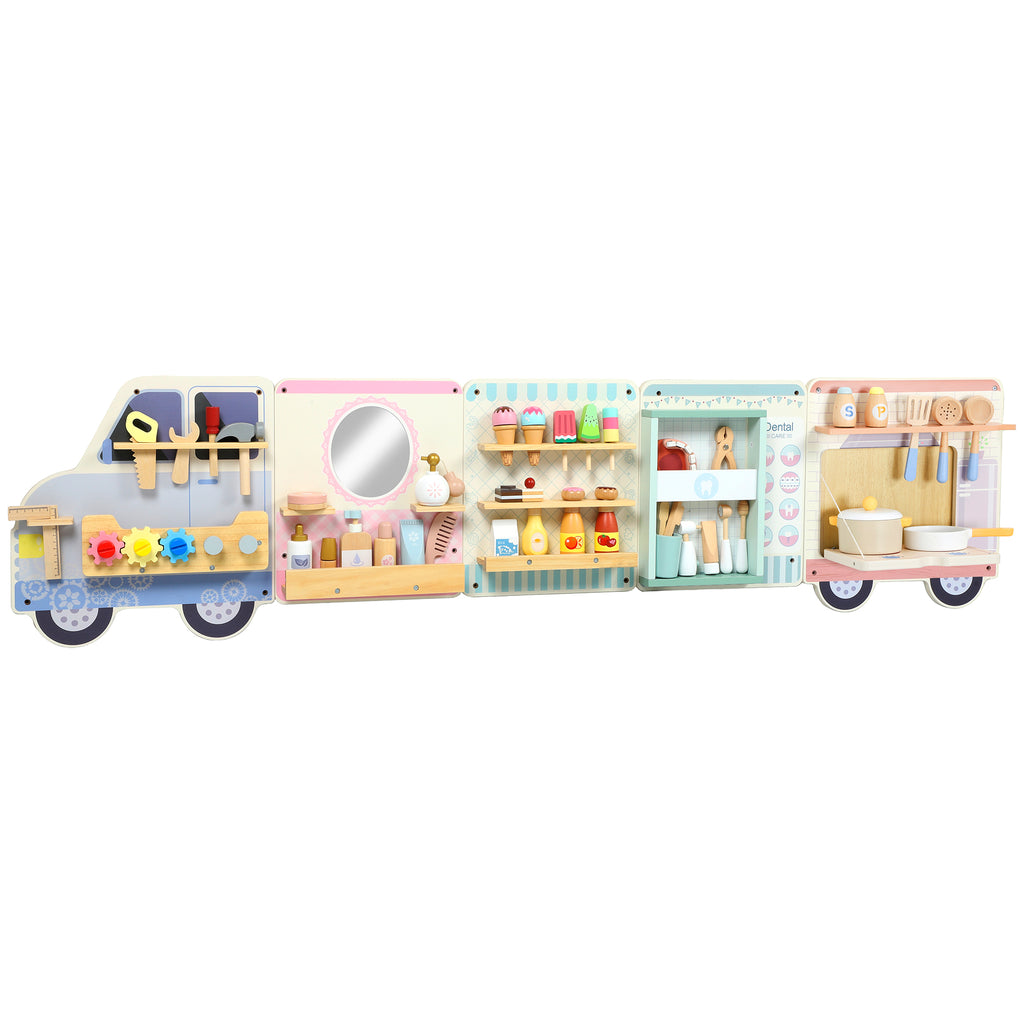 Wooden Busy Board, 5 in 1 Activity Wall Panels for Kids 3+ Years, for Daycare, Playroom, Home