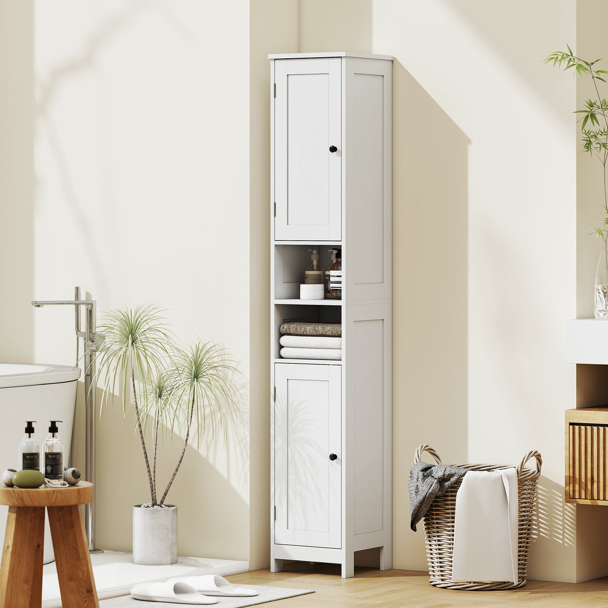 Hoher schlanker Badezimmerschrank mit T¨¹ren, offene Regale, 30 x 30 x 170 cm, Wei?